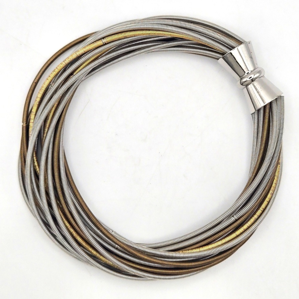 Mixed Metal Multi Strand Piano Wire Bracelet Magnetic Clasp Silver Gold